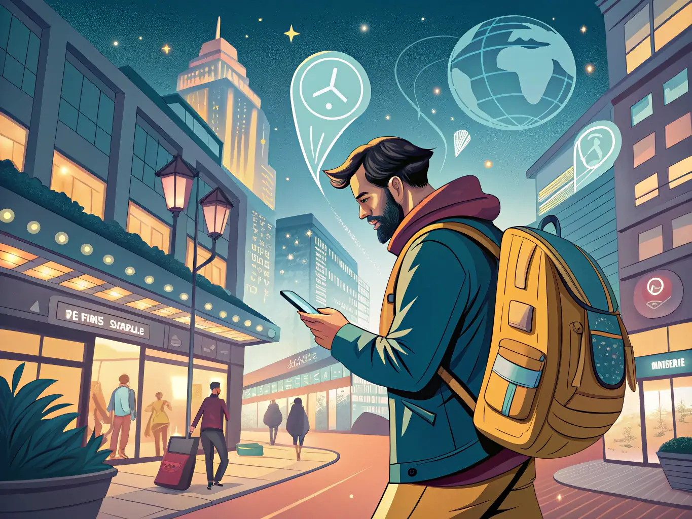 A traveler using a smartphone in a bustling Santiago street, showcasing the ease of staying connected with SimOnline.pro.