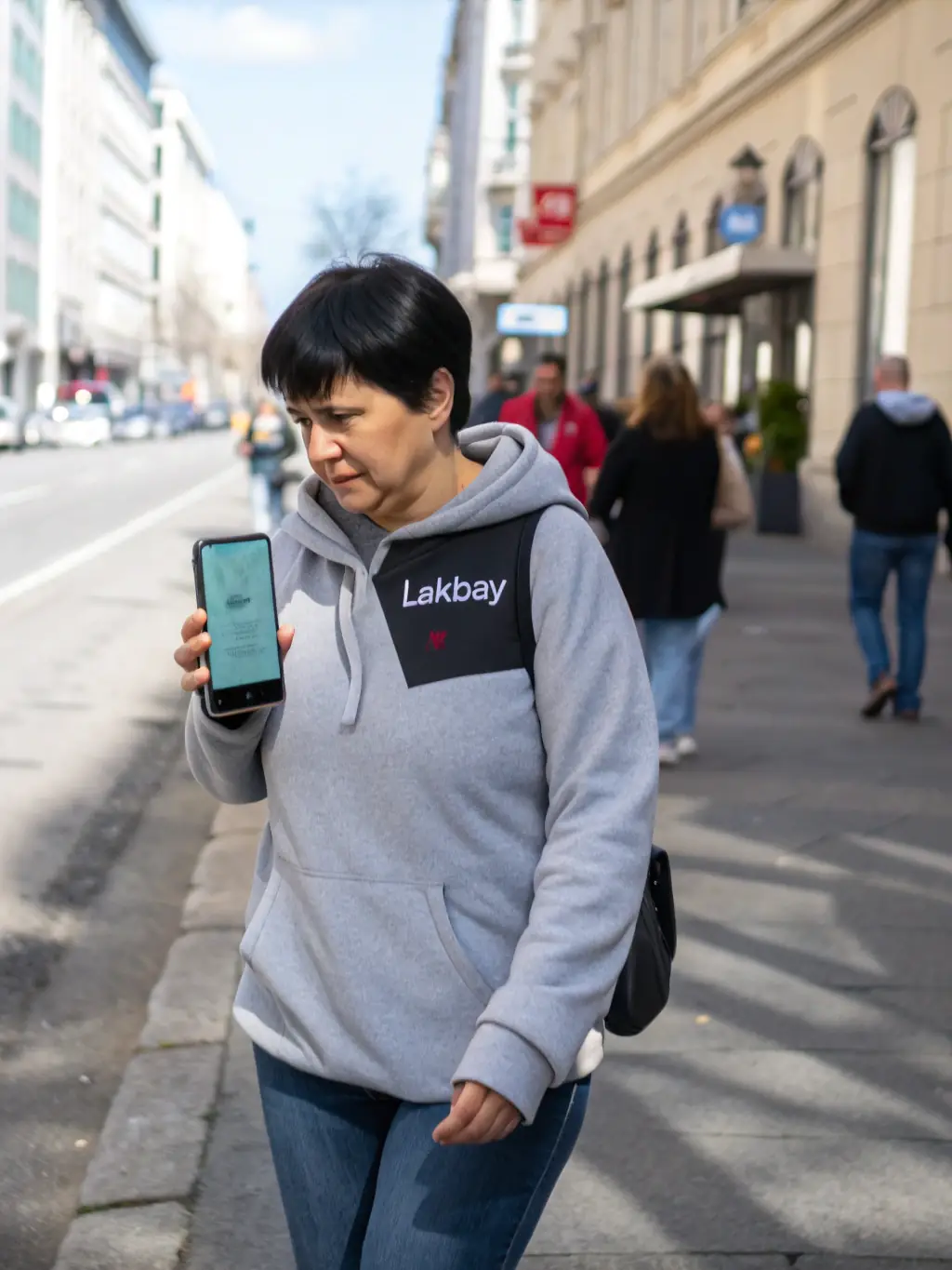 A traveler using their phone to navigate the streets of Santiago, Chile, with a clear view of the Andes Mountains in the background, emphasizing the need for reliable mobile data.
