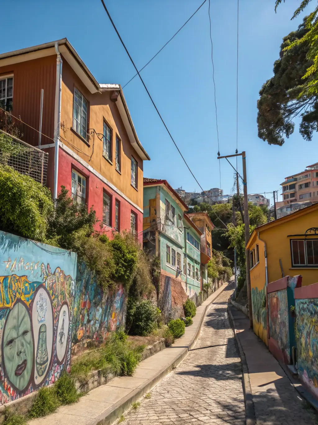 A group of tourists taking a selfie in front of the colorful houses of Valparaiso, Chile, showcasing the vibrant culture and the need to share experiences instantly.