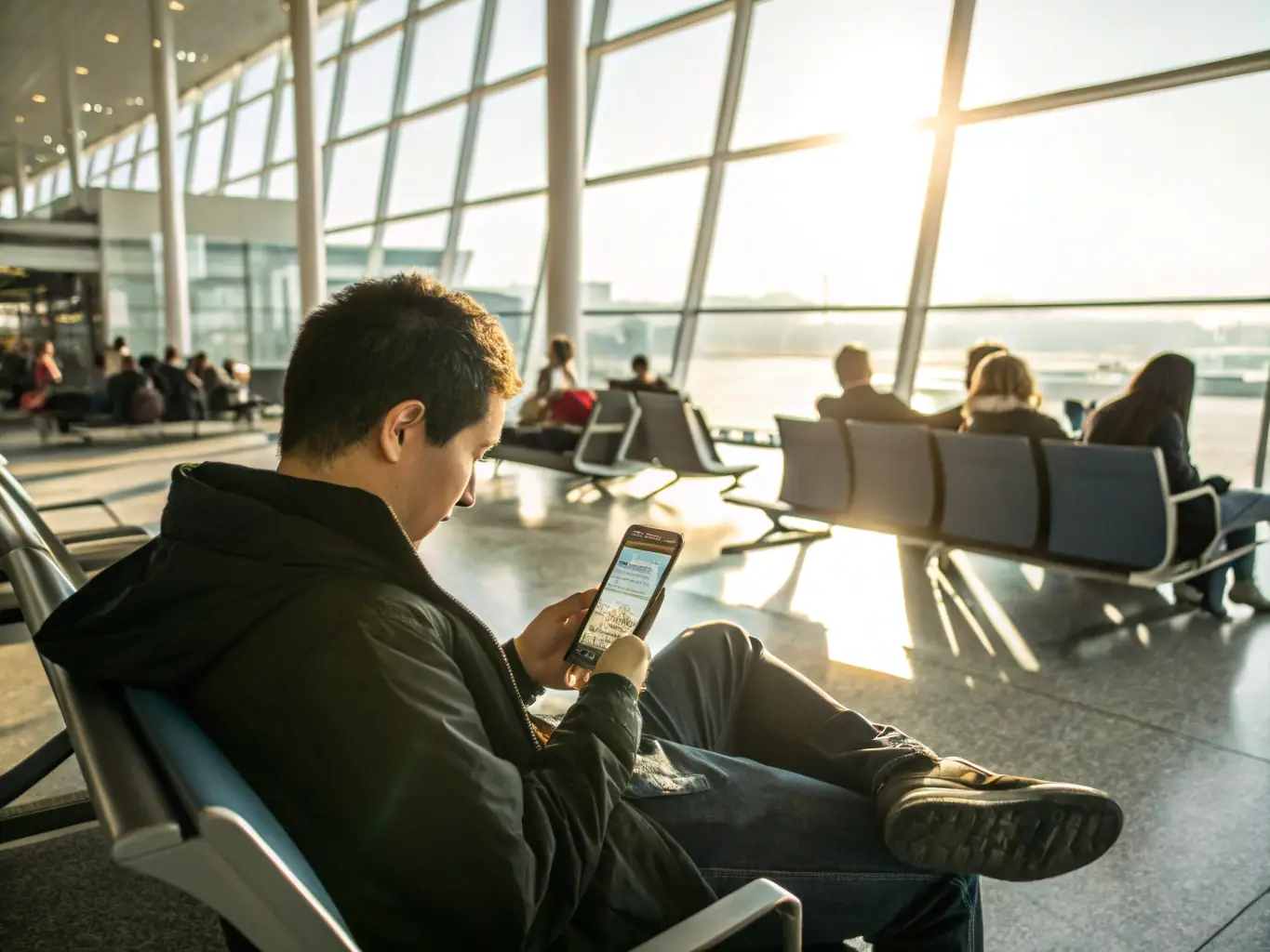 A person easily activating an eSIM on their smartphone at Santiago Airport, highlighting the convenience of SimOnline.pro's instant activation.